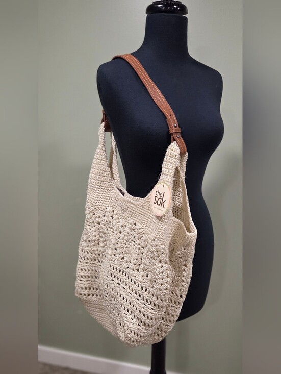 The Sak Handbags - The Sak McClaren Cream Crochet Shoulder Bag with Brown Leather Strap